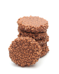 Chocolate Crisp Rice and Caramel Cake on a White Background