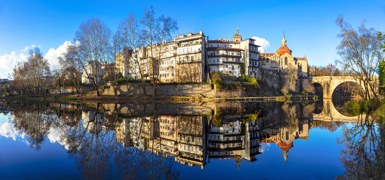 Amarante City Panoramic View Portugal Mirror Reflection of Historic Bridge and Old Town in Tamega River Perfect Still Water Surface Romantic Portuguese Landscape High Resolution World Print