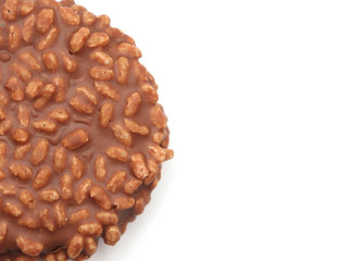 Chocolate Crisp Rice and Caramel Cake on a White Background