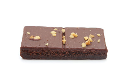 Chocolate Brownies with Nuts on Top on a White Background