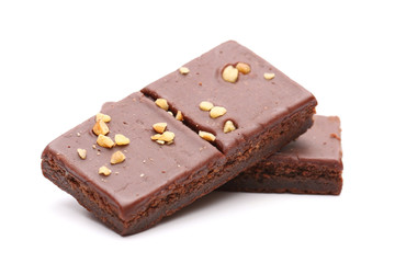 Chocolate Brownies with Nuts on Top on a White Background