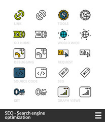 Black and color outline icons, thin stroke line style design