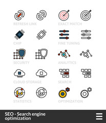 Black and color outline icons, thin stroke line style design