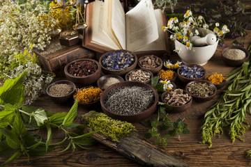 Herbal medicine and book on wooden table background