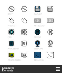 Black and color outline icons, thin stroke line style design