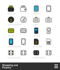 Black and color outline icons, thin stroke line style design