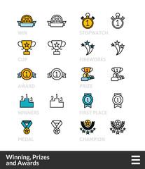 Fototapeta premium Black and color outline icons, thin stroke line style design