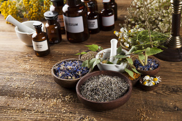 Alternative medicine, dried herbs and mortar on wooden desk back