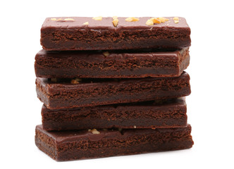 Chocolate Brownies with Nuts on Top on a White Background