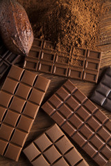 Chocolate sweet, cocoa pod and food dessert background