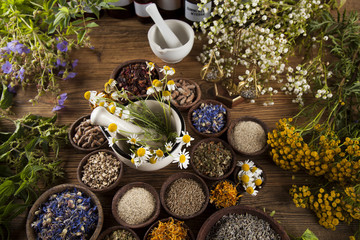 Fototapeta na wymiar Natural medicine, herbs, mortar on wooden table background