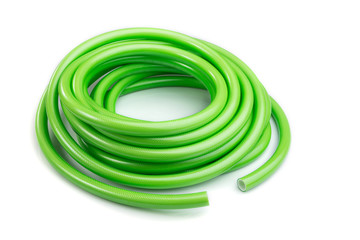 Green garden water hose isolated on white background