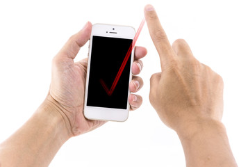 Hand slide and Touch check mark on white Smartphone with blank s