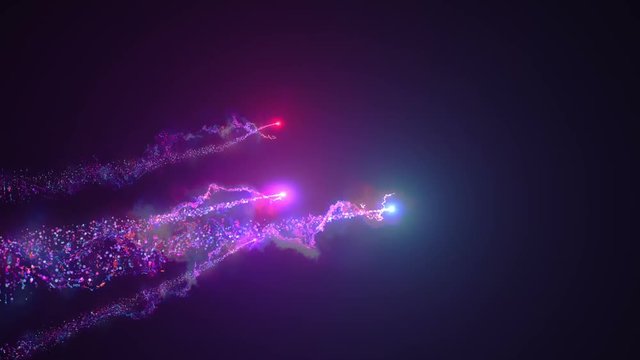 Abstract steamers with particle trails travel across the screen from left to right.