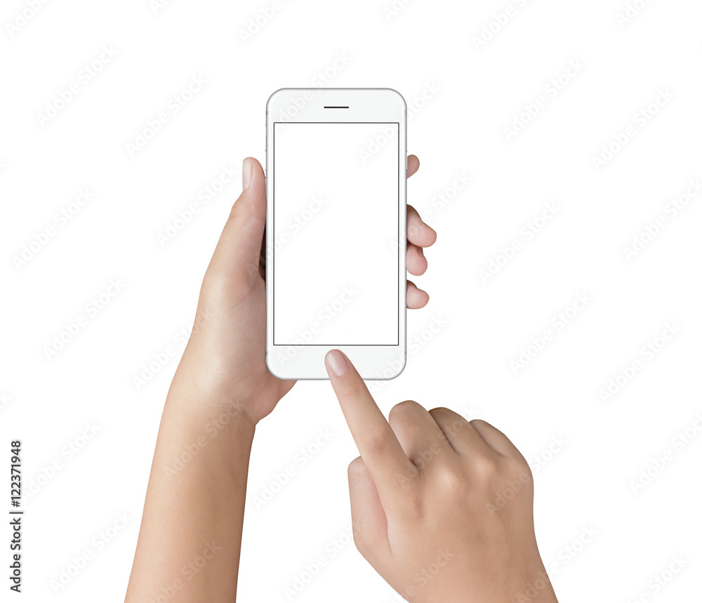 Poster hand touching on white phone screen isolated with clipping path