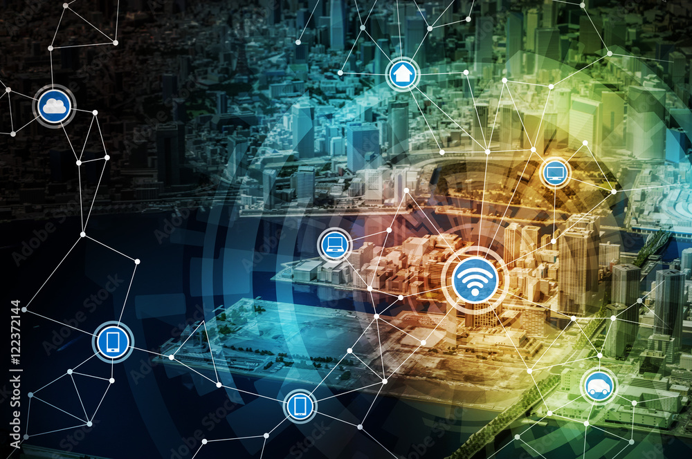 Poster smart city miniature model and internet of things, conceptual abstract image