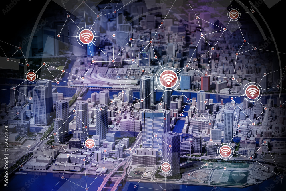Poster smart city diorama and wireless communication network, internet of things, abstract image visual