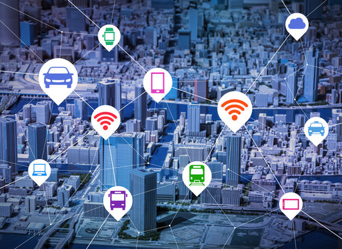wireless communication of various mobile devices and transportation, location information, abstract image visual