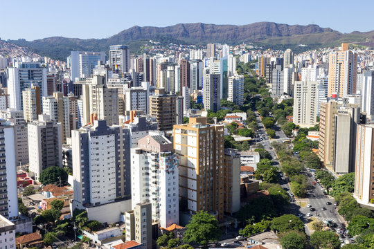 View of the city of Belo Horizonte, especially Curral hills and Afonso Pena Avenue. Belo Horizonte, Minas Gerais, Brazil. May 2016