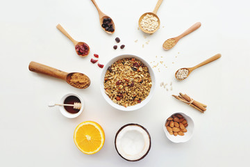 Cashew nuts, raisins, oats, honey, almonds, cinnamon and seeds