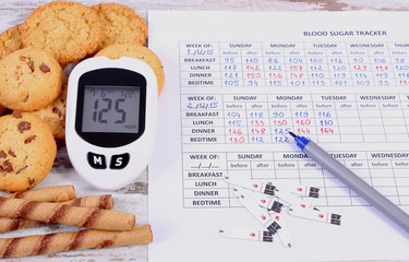 Glucometer, heap of cookies and medical form, diabetes, reduction eating sweets