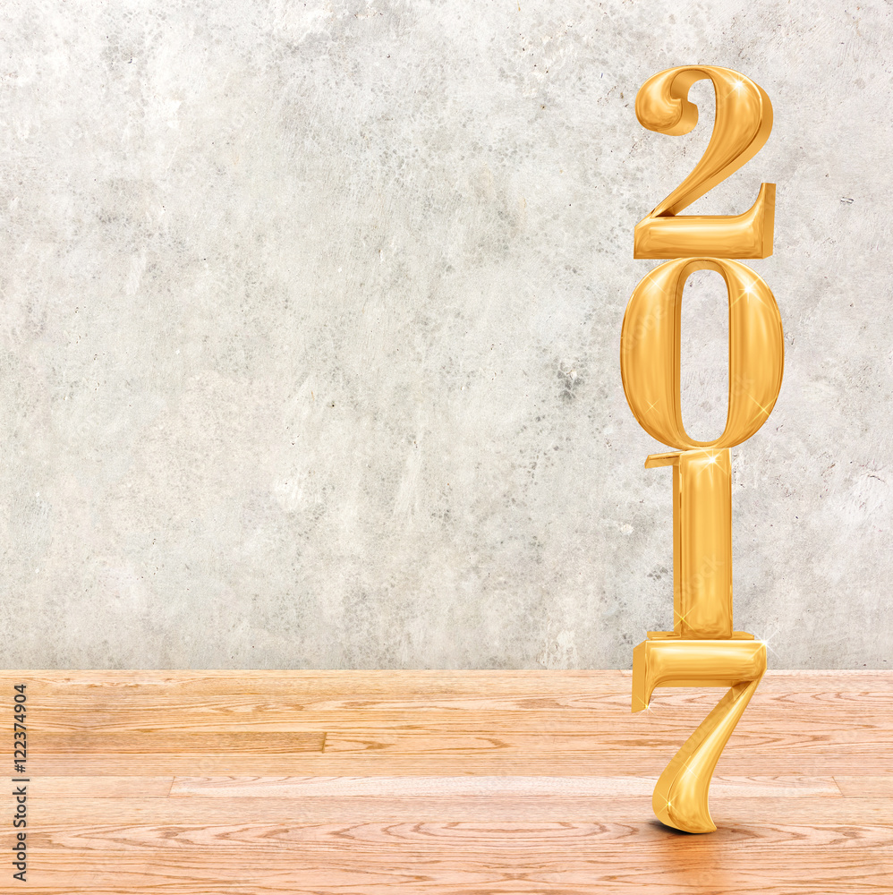 Poster 2017 (3d rendering) new year gold color in perspective room wit