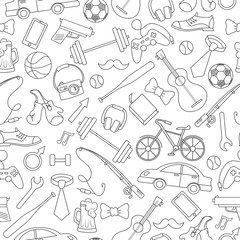 Seamless pattern on the theme of male Hobbies and habits,simple hand-drawn contour icons on white background