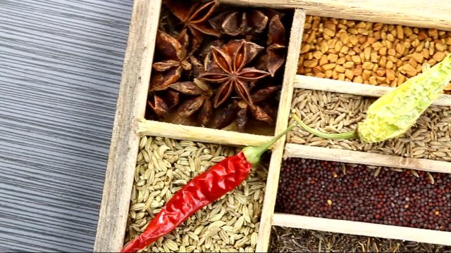 A spice box with Indian spices