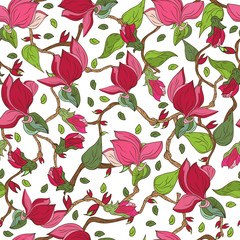 Seamless pattern of flowers and leaves of the branches. very detailed doodles