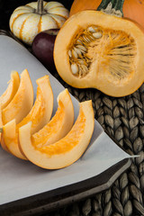 Pumpkin slices baked with cinnamon and sugar. Thanksgiving dinner. Fall harvest. Fall festival.