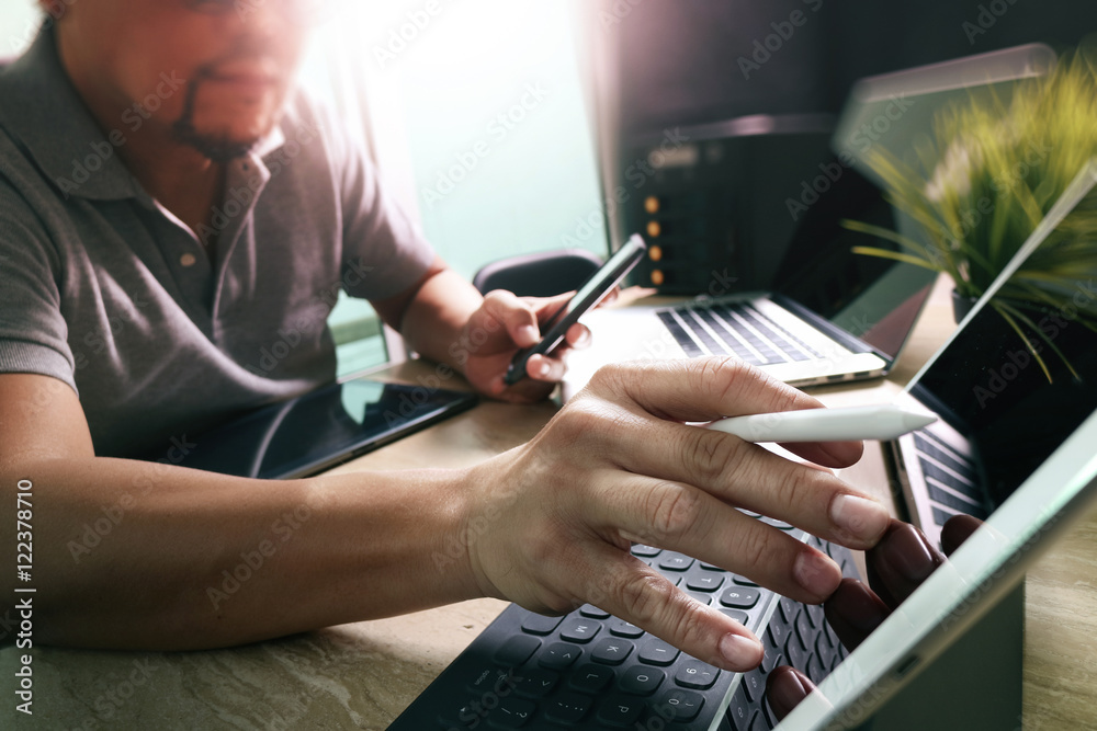 Poster Outsource Developer working on marble Desk Working Laptop Comput