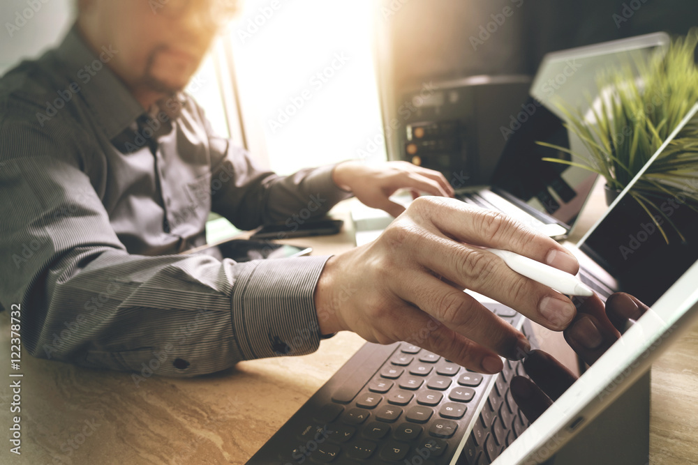 Poster Outsource Developer working on marble Desk Working Laptop Comput