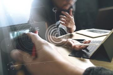 StartUp Programming Team. Website designer working digital table