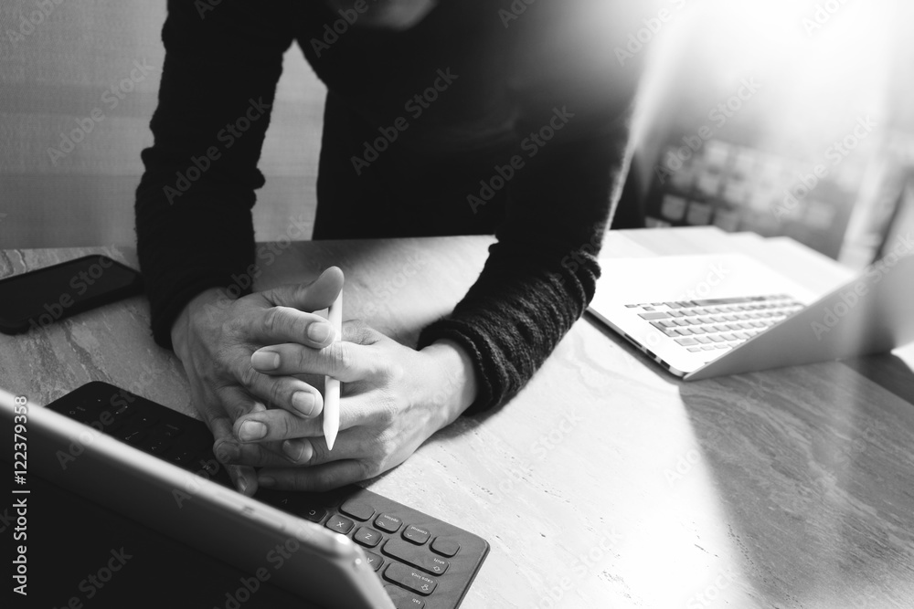 Poster Website designer working digital tablet dock keyboard and comput