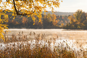 Fototapety  Widok na jezioro z mgłą jesienią