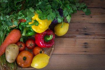 fruit and vegetable on wooden