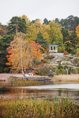 Fototapeta na wymiar Gazebo in Monrepo (Mon Repos) autumn manor park. Vyborg landscap