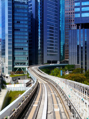 Elevated rail line between skyscrapers