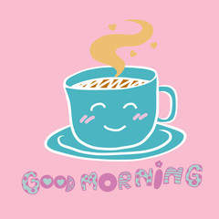 Cute good morning coffee cup cartoon illustration