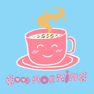 Cute good morning coffee cup cartoon illustration