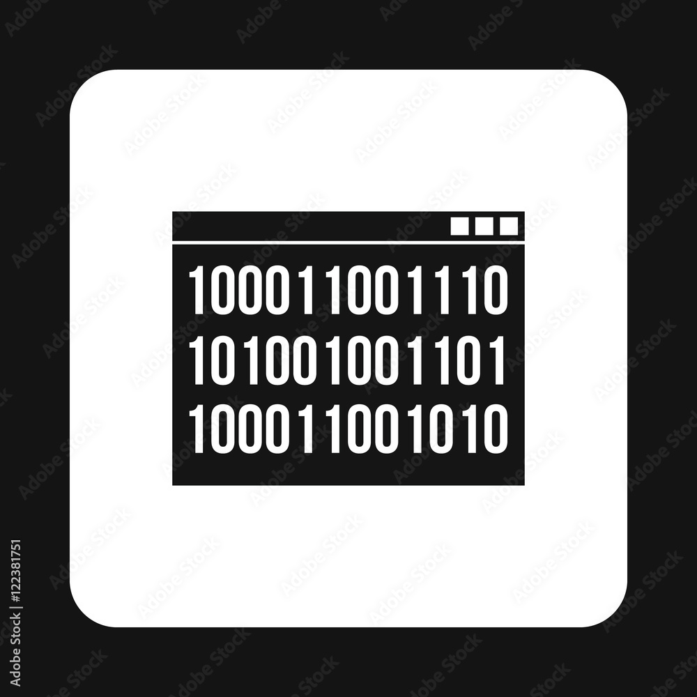 Poster binary code on screen icon in simple style isolated on white background. programming symbol