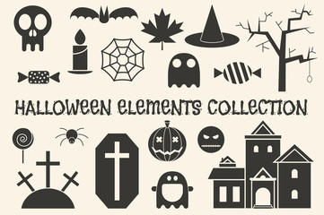 Obraz premium Halloween objects silhouette collection. Ghost, witch hat, pumpkin, mansion, spider web, bat, grave, sweets, lantern, skull and other outline elements.