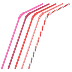 Set of cocktail straws isolated on white background. Pink, vinous, red and striped drinking straws. 3D illustration.