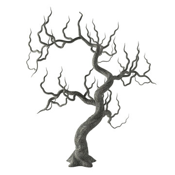 Spooky gnarled Halloween tree with long bare branches isolated on white background. 3D illustration.