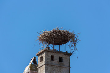 Empty Stork Nest on top of chimney with blue sky