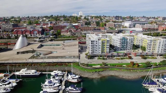 Aerial Panning Shot Tacoma Washington Downtown Skyline