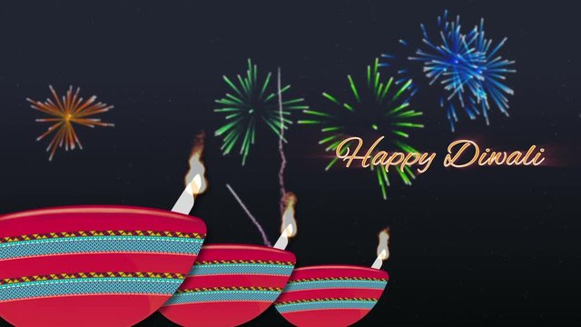 animated happy diwali wish, fireworks and illustrative lamp burning, 
