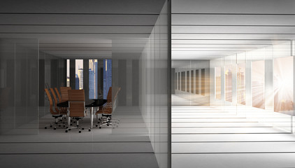 Conference room. Modern office with windows and city view.  Concept of business meeting.