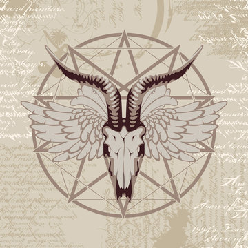pentagram with the image of a goat skull on the background of the papyrus with occult symbols