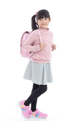 Asian schoolgirl with pink school bag on white background